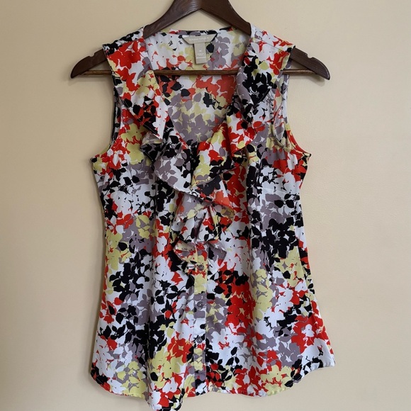 Banana Republic| Sharp Orange/Black/White Floral Ruffle Sleeveless Blouse Sz M - Picture 2 of 5